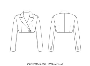 Dibujo técnico de moda vectorial de un blazer recortado con vista frontal y trasera. La solapa máxima. Un botón. Tejidos.