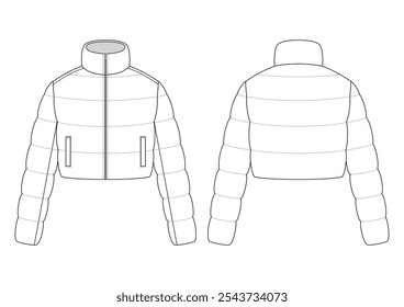 Vector fashion technical drawing of a cropped down jacket jacket with front and back view. Metal zipper. Side pockets. Down and feather filling. Polyester. 