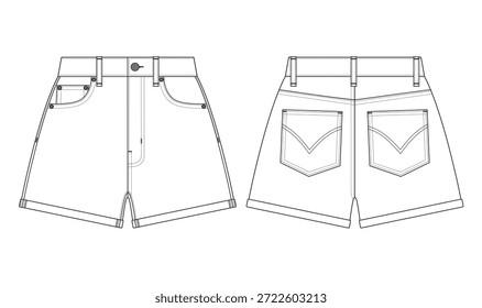 Vector fashion technical drawing of a denim shorts with folded edge. Front and back view. Front fly. Side pockets. Coin pocket. Belt loops. Back pockets. Metal button and rivets. Woven fabric.