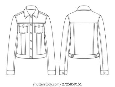 Dibujo técnico de moda de Vector de una chaqueta de mezclilla con vista frontal y trasera. Manga larga. Bolsillo delantero. Botón de vástago. Tela tejida.