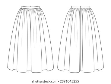 Vector fashion technical drawing of a gathered skirt with front and back view. Midi length. Hidden zipper. Woven fabric.