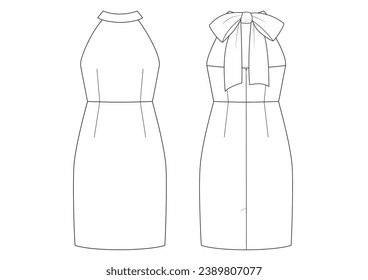 Vector fashion technical drawing of a halter neck dress with bow closure on the back neck area. Front and back view. Above knee length. Hidden zipper at the center back. Woven or neoprene fabric.