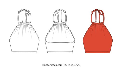 Vector fashion technical drawing of a halter neck top with front and back view. Gathering details at front neck area. Bow knot at center back area. Woven or jersey fabric.