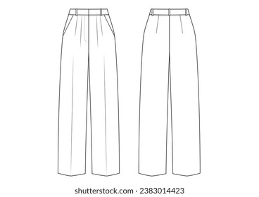 Dibujo técnico de moda vectorial de pantalones de altura alta con vista frontal y trasera. Doble pliega en el lado izquierdo y derecho de la parte delantera. Bolsillos laterales inclinados. Dardos de espalda. Tejidos.