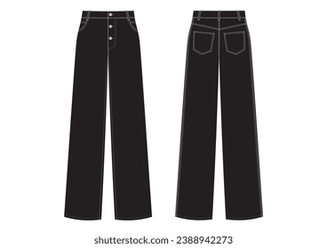 Vector fashion technical drawing of a high rise denim pants with contrast stitching. Wide legged pants. Metal shank buttons. Woven fabric. 