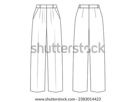 Vector fashion technical drawing of a high rise pants with front and back view. Double pleats on both left and right side of the front part. Side slant pockets. Back darts. Woven fabric.