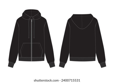 Vector fashion technical drawing of a hooded jacket with front and back view. Silver zipper. Front pocket. Rib at cuff and bottom area. Knit fabric.