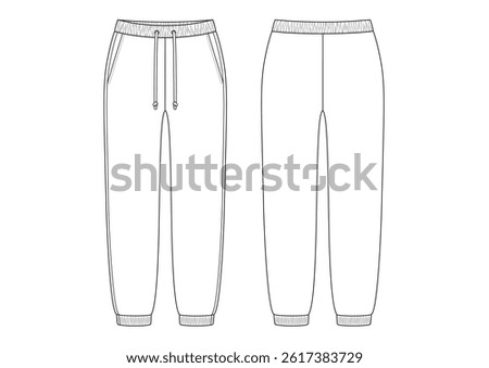 Vector fashion technical drawing of a jogger pants with front and back view. Elastic waistband and cuffs. Drawstrings detail on the center front. Side slant pockets. Polyester or woven fabric.