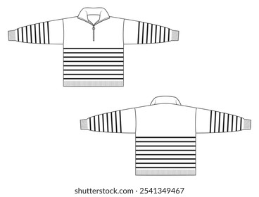 Vector fashion technical drawing of a jumper in black and white stripes with front and back view. High neck. Zipper opening. Long sleeves. Rib trim at sleeve cuff and bottom opening. Knit fabric.