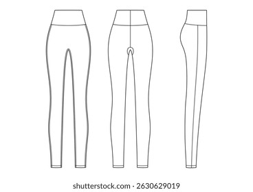 Vector fashion technical drawing of a leggings with front, back and side view. Lock stitch details. Polyester fabric.