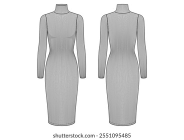 Vector fashion technical drawing of a long sleeve turtle neck knit dress with front and back view. Midi length. Rib knit fabric.