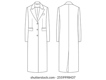 Vector fashion technical drawing of a long coat with front and back view. Three buttons. Peak lapel. Two side flap pockets and a breast pocket. Single back vent. Woven or leather fabric with lining.