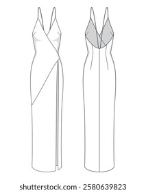 Vector fashion technical drawing of a long silk slip dress with front and back view. V-necked. Low back neckline. Spaghetti straps. Slit at the left side. Side darts. Back darts. Woven fabric.