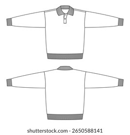 Vector fashion technical drawing of a long sleeved polo sweater with front and back view. Two buttons at the placket. Rib at collar, cuff, and bottom part. Knit fabric.
