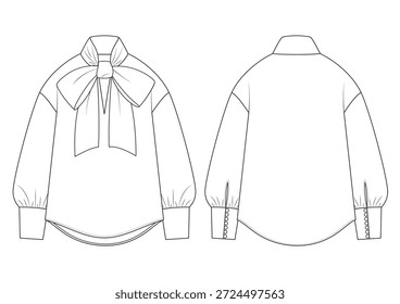 Desenho técnico vetor da moda de uma parte superior de manga comprida solta com arco dianteiro grande. Vista frontal e traseira. Encaixe solto. Decote baixo. Mangas de balão. Botões com cobertura de tecido. Tecidos.