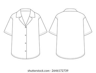 Desenho técnico vetor moda de uma camisa de manga curta gola entalhada com vista frontal e traseira. Abaixe o botão. Tecidos.