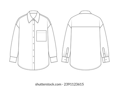 Vector fashion technical drawing of an oversized button-down shirt with front and back view. Long sleeved. Front pocket. Woven fabric.