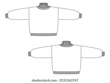 Vektormodische technische Zeichnung eines übergroßen Rollkragenhalses mit Vorder- und Rückansicht. Lange Ärmel. Turtleneck. Rippenbesatz am Hals, Ärmelmanschette und Bodenöffnung. Gestricktes Gewebe.