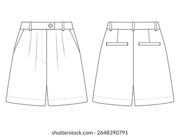 Vector fashion technical drawing of a pleated short trousers with front and back view. Double pleats on the left and right side of the front part. Slant pockets. Back darts. Welt Pockets. Woven fabric