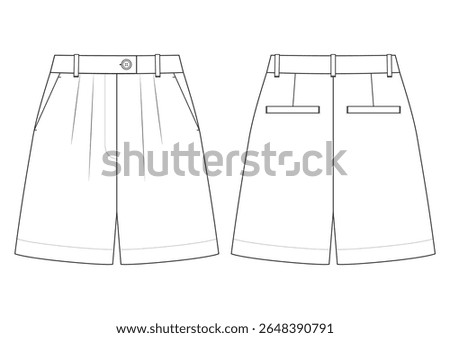 Vector fashion technical drawing of a pleated short trousers with front and back view. Double pleats on the left and right side of the front part. Slant pockets. Back darts. Welt Pockets. Woven fabric