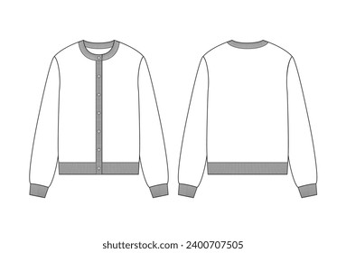 Vector fashion technical drawing of a round neck cardigan with front and back view. Ribbing detail at neck, placket, cuff and bottom area. Knit fabric