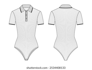 Vector fashion technical drawing of a short sleeved polo bodysuit with front and back view. Black trim line on the edge of collar, sleeves and both sides of the placket. Button openings. Knit fabric.