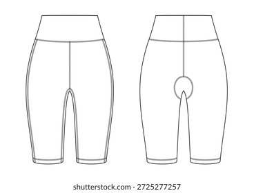 Vektormodische technische Zeichnung von kurzen Leggings mit Vorder- und Rückansicht. Nähdetails sperren. Polyestergewebe.