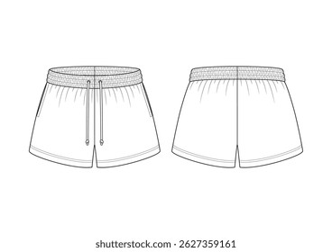 Vector fashion technical drawing of a shorts with front and back view. Elastic waistband. Drawstring detail on the center front. Side pockets. Polyester or woven fabric.