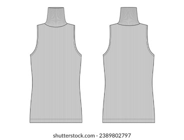 Vector fashion technical drawing of a sleeveless turtleneck top with front and back view. Rib knit fabric.