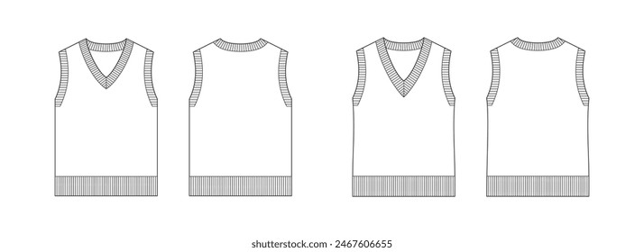 Dibujo técnico de moda de Vector de un juego de jersey sin mangas para hombres y mujeres con vista frontal y posterior. Cuello en V. Detalles de las costillas en el cuello, el brazo y la zona de apertura inferior. Tejido de punto.