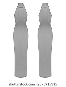 Vector fashion technical drawing of a sleeveless halter neck knit dress with front and back view. Turtle neck. Maxi length. Rib knit fabric.