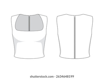 Vector fashion technical drawing of a sleeveless square neck crop top with front and back view. Metal zipper detail at the center back. Jersey fabric.