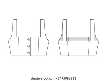 Vector fashion technical drawing of a square neckline bralette with front and back view. Buttoned opening at center front area. Big buttons detail. Woven fabric.