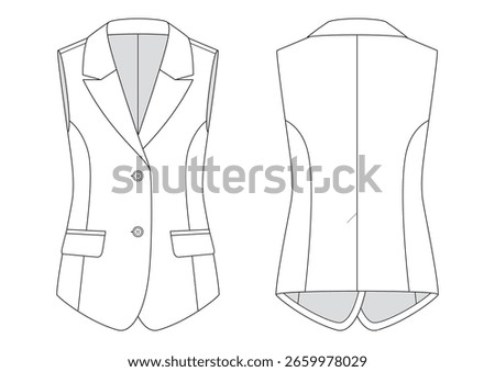 Vector fashion technical drawing of a suit vest with front and back view. Peak lapel. Two buttons. Flap pockets. Single vent. Woven fabric.