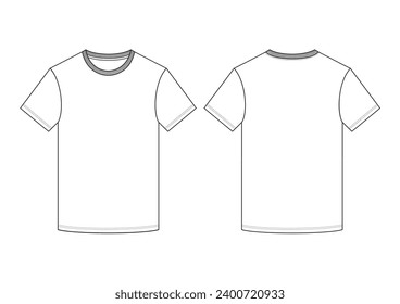 Vector fashion technical drawing of a T-shirt with front and back view. Ribbing details at neck area. Crew Neck. Knit fabric.