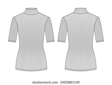 Technische Zeichnung eines Schildkrötendeckels mit Vorder- und Rückansicht. Oberhalb der Ellbogen-Ärmel-Länge. Rib Strickgewebe.