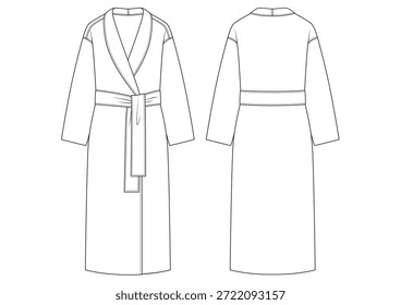 Desenho técnico de moda de vetor de um casaco longo envoltório com vista frontal e traseira. Colar de xale. Detalhe da cintura de gravata. Lã e tecido de poliéster.