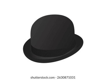 Vector fashion technical drawings of a bowler hat. Dark gray color. Black ribbon detail. Felt fabric.