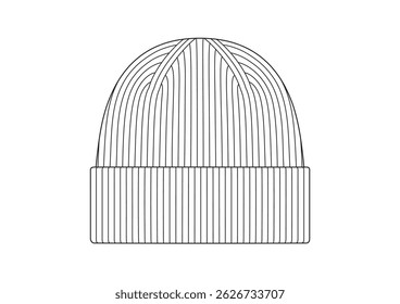 Desenhos técnicos da moda do vetor de um chapéu de gorro de malha com vista frontal. Tecido de malha.