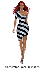 vector fashion top model beautiful long-haired young black girl in gray dress in black stripes