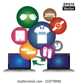Vector : Fashion, Trends or Lifestyle E-Commerce Concept Present By Two Computer Laptop and Group of Colorful Men Fashion Icon Isolated on White Background 