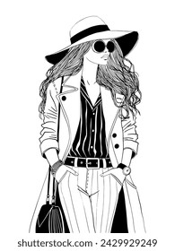 vector fashion woman line art illustration ink pen drawing, fashion girl illustration hair linear hat outline drawing, female style designer beauty sketch vogue model fashionable casual trench look