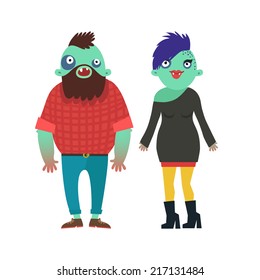 Vector fashion zombies. Hipster freaky man and woman couple in flat design. Cartoon funny boy and girl characters isolated on white. 