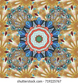 Vector Fashionable fabric pattern. Cute flowers pattern with brown, neutral and blue colors. Flat Flower Elements Design. Colour Spring Theme seamless pattern Background.