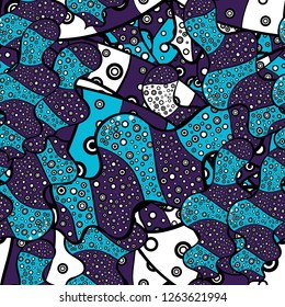 Vector. Fashionable fabric pattern. Doodles violet, blue and black on colors. Print.