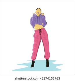 Vector fashionable girl wearing winter crop hoodie with puffer pant flat vector illustration design