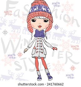 Vector fashionable hipster girl in a coat, knitted hats, scarves and mittens in winter