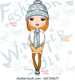 Vector fashionable hipster girl in a coat, knitted hats, scarves and mittens in winter