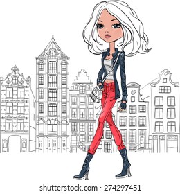 Vector Fashionable hipster girl tourist in a leather jacket, jeans and red boots walking down the street in Amsterdam with traditional Dutch house