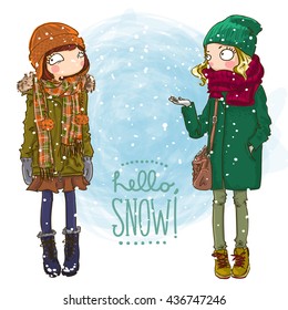 Vector fashionable hipster girls in a coat, knitted hats, scarves and mittens in winter